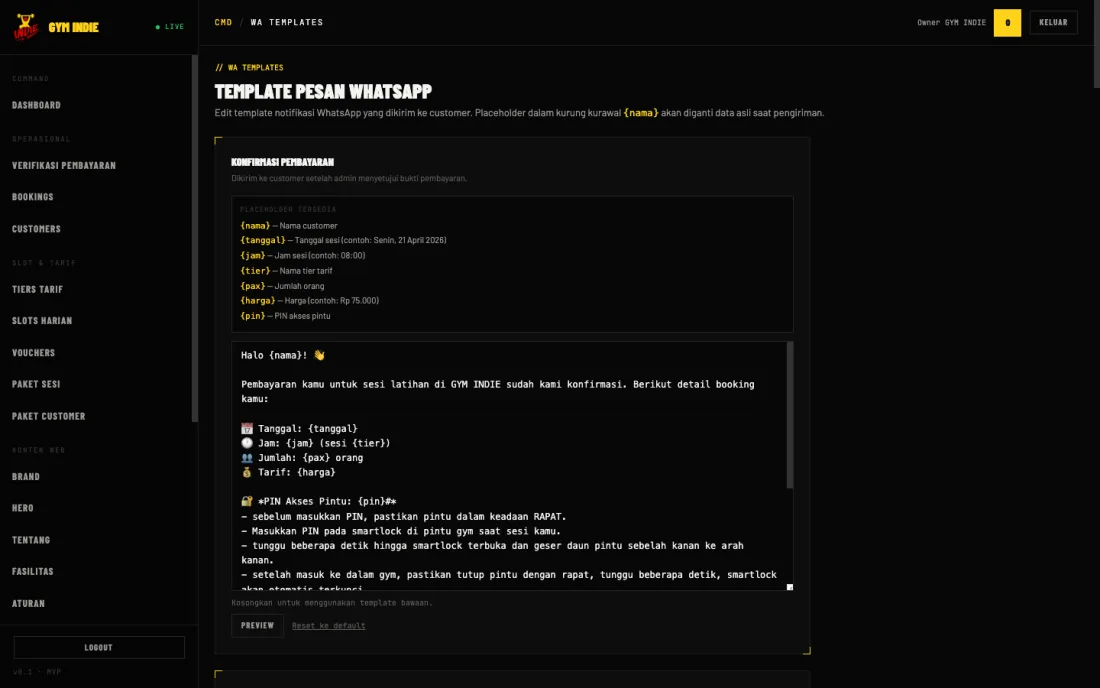 Panel admin: editor template pesan WhatsApp dengan placeholder dan PIN smart-lock