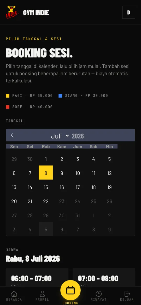 Layar pelanggan: pilih tanggal & slot 60 menit dengan ketersediaan real-time