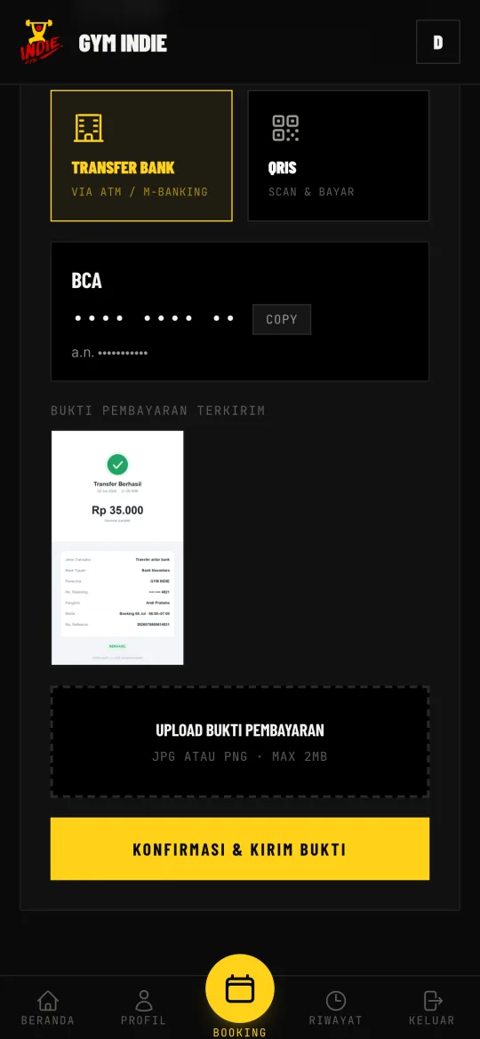 Layar pelanggan: pilih metode bayar dan upload bukti transfer