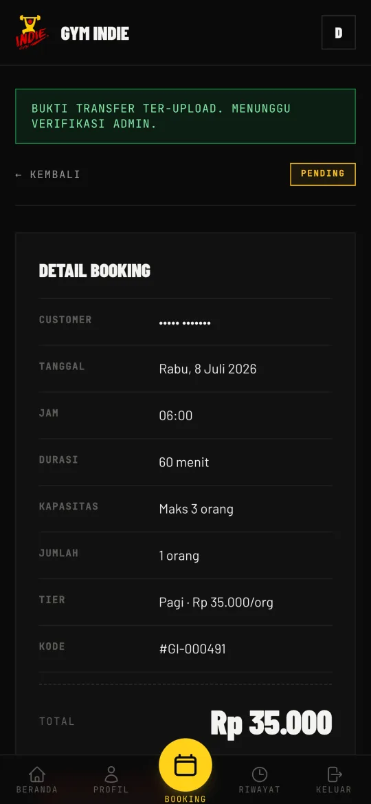 Layar pelanggan: bukti terkirim, menunggu verifikasi admin